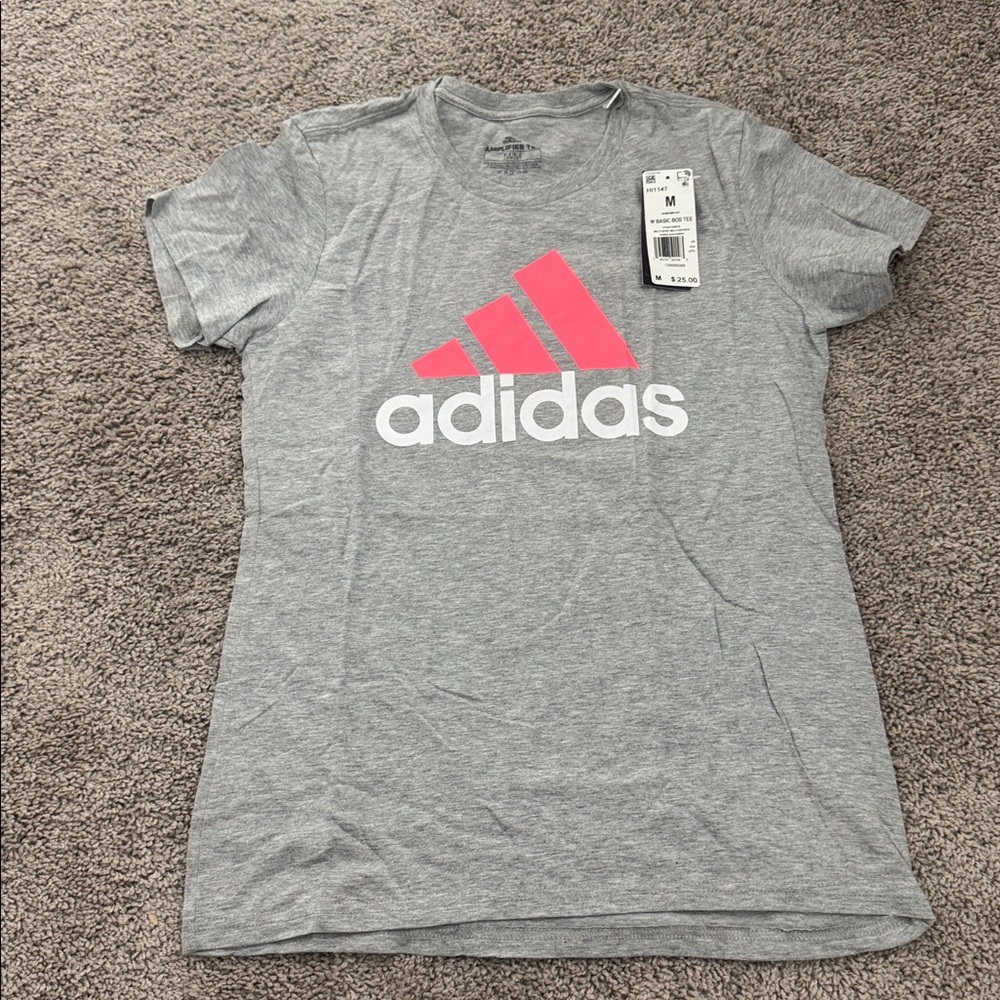 Adidas Heather Gray Tee with Vibrant Pink Logo
